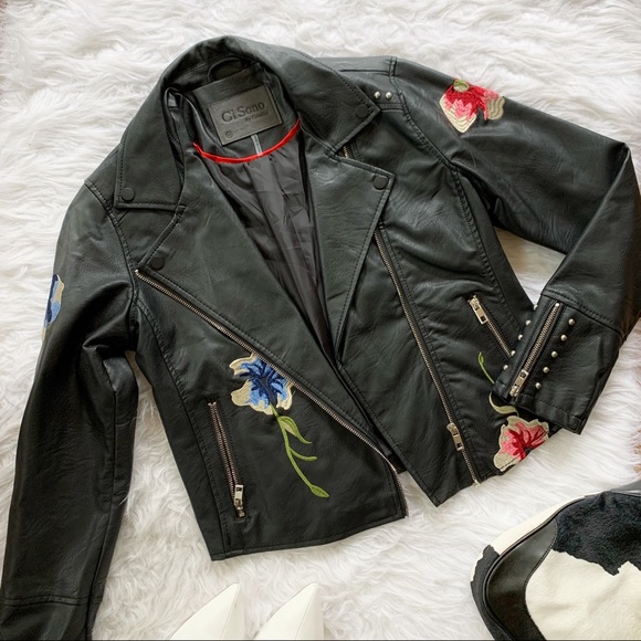 Ci Sono Jackets & Blazers - Ci Sono Black Faux Leather Embroidered Jacket